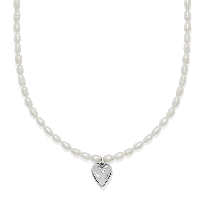 Brighton pearl necklace with rice pearls and silver-tone heart pendant on a white background
