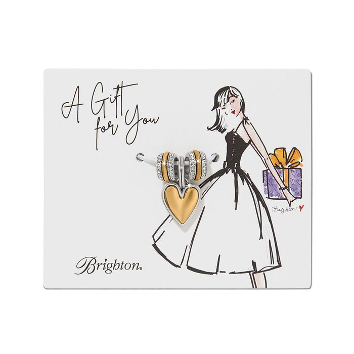 Brighton two-tone heart charm set with crystal accents on illustrated gift card packaging on a white background