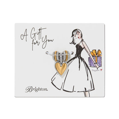 Brighton two-tone heart charm set with crystal accents on illustrated gift card packaging on a white background