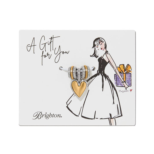 Brighton two-tone heart charm set with crystal accents on illustrated gift card packaging on a white background