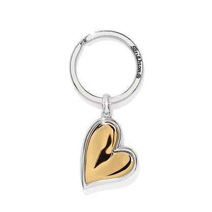 Brighton heart keychain with gold-tone heart charm, silver-tone frame, and split ring on a white background