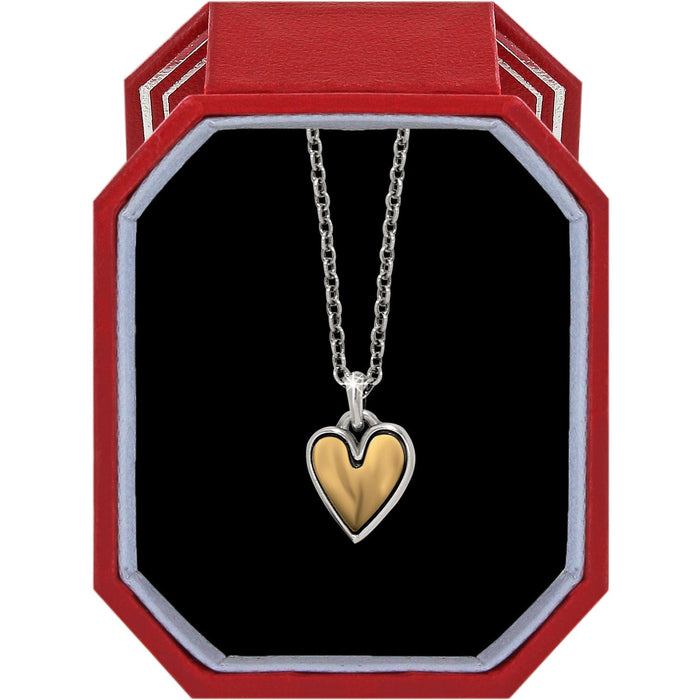 Brighton heart pendant necklace with two-tone silver and gold finish displayed in a red gift box on a white background