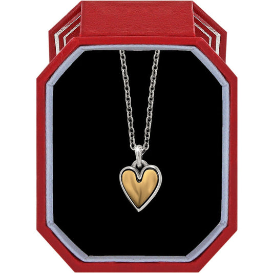 Brighton heart pendant necklace with two-tone silver and gold finish displayed in a red gift box on a white background