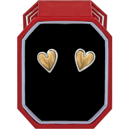 Brighton heart stud earrings with two-tone gold centers and silver borders displayed in a red gift box
