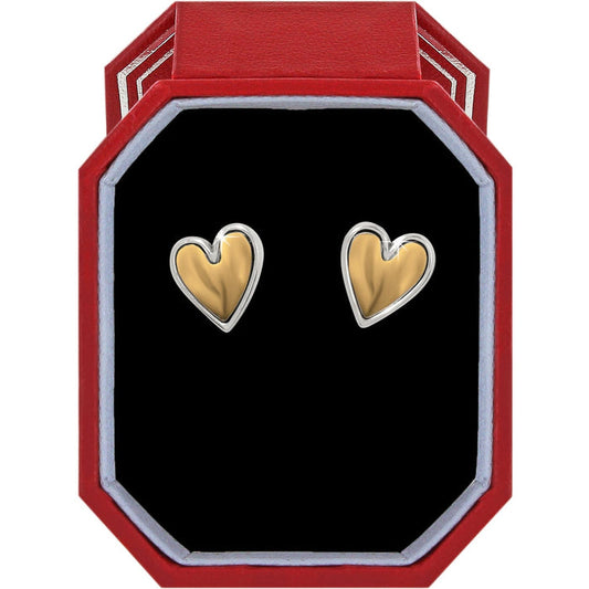 Brighton heart stud earrings with two-tone gold centers and silver borders displayed in a red gift box