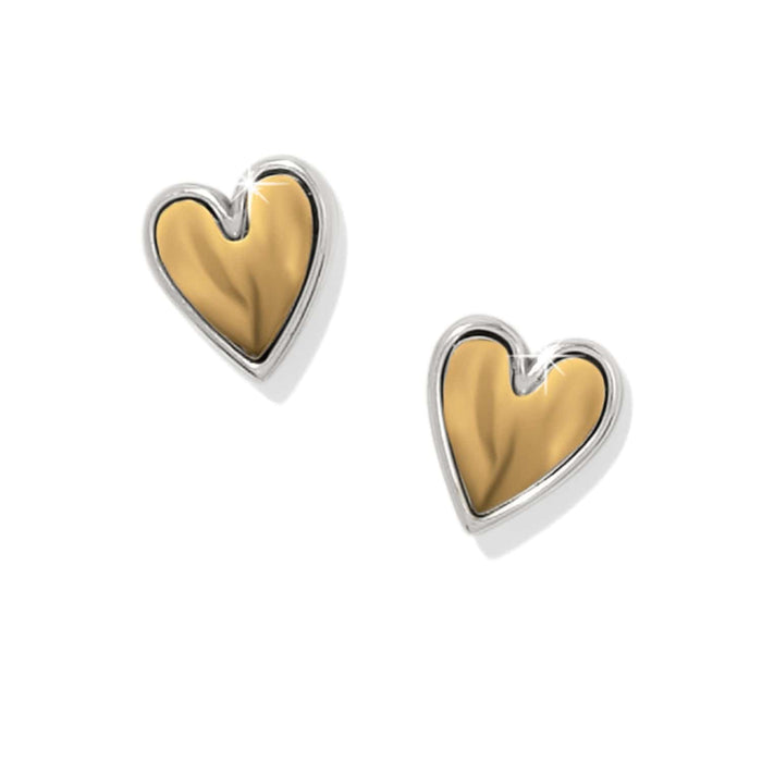 Brighton heart stud earrings with gold-tone centers framed by silver-tone polished borders on a white background