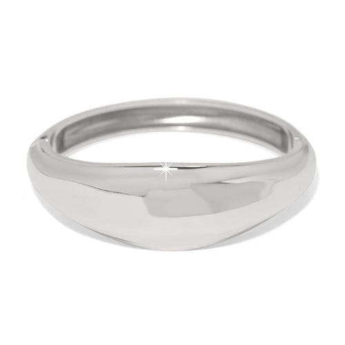 Brighton hinged bangle bracelet with smooth sculpted silver-plated finish and tapered domed front on a white background