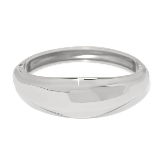 Brighton hinged bangle bracelet with smooth sculpted silver-plated finish and tapered domed front on a white background