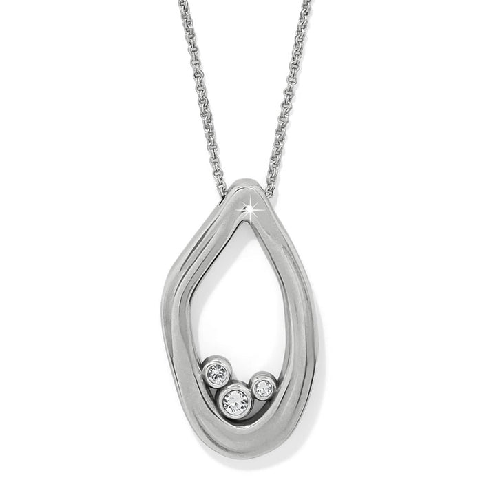 Brighton pendant necklace with silver-plated open teardrop shape and three crystal accents on a white background