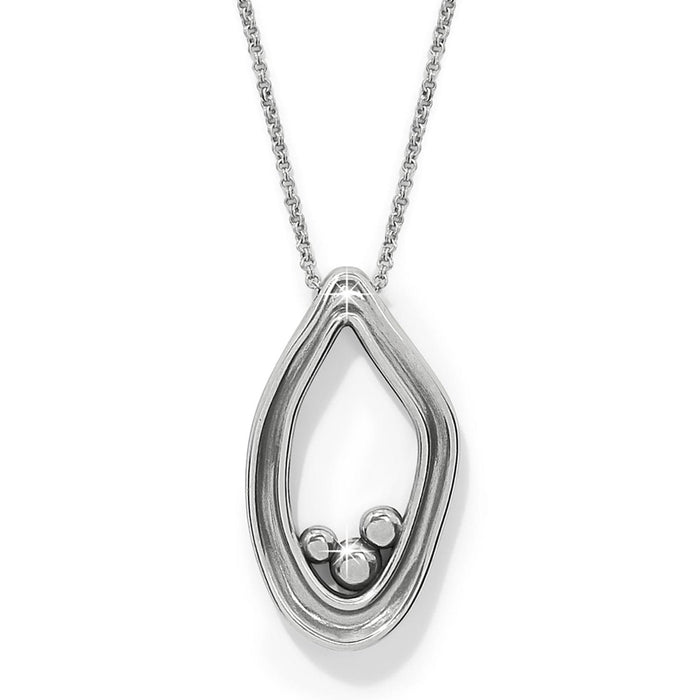 Brighton pendant necklace with silver-plated open teardrop shape and small floating beads inside on a white background
