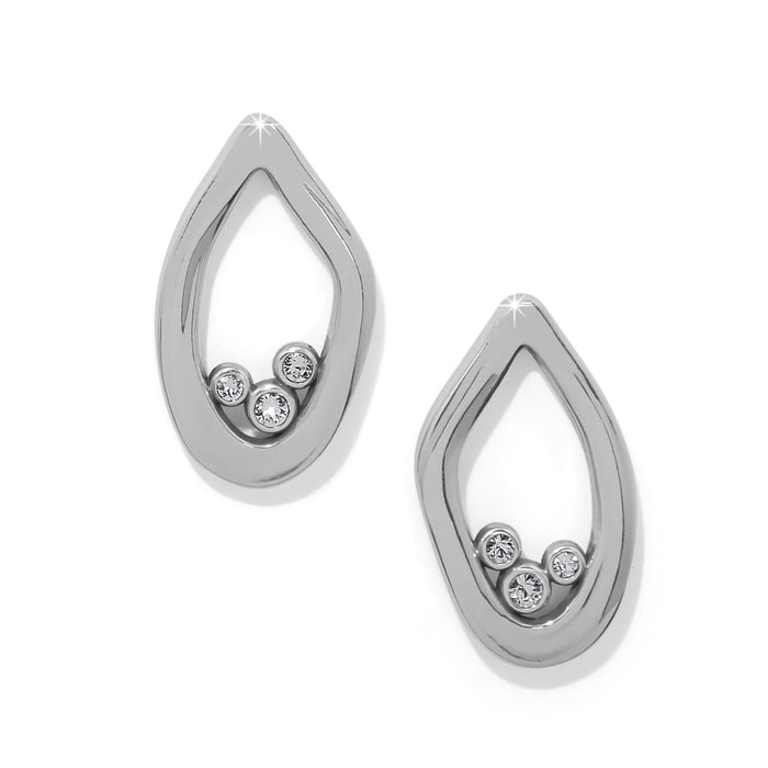 Brighton stud earrings with silver-plated teardrop outlines and clustered crystal accents on a white background