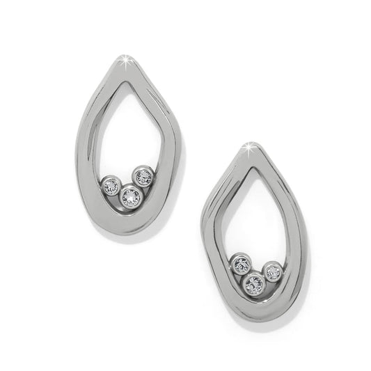 Brighton stud earrings with silver-plated teardrop outlines and clustered crystal accents on a white background