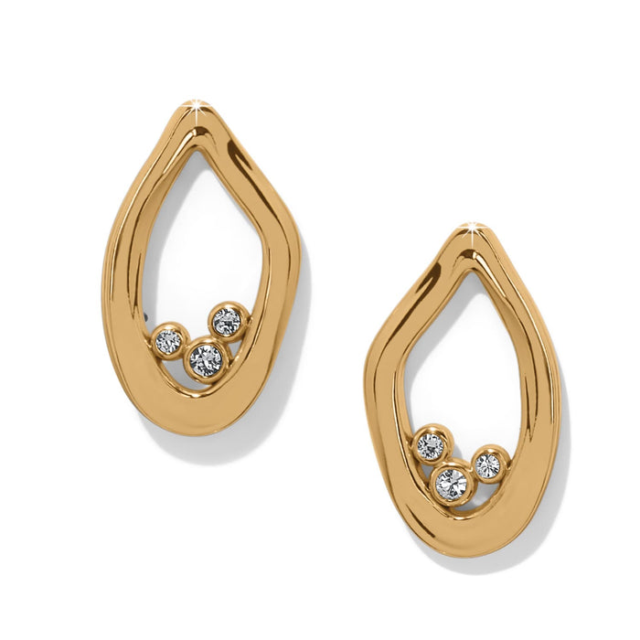 Brighton stud earrings with gold-plated open teardrop shape and clustered crystal accents on a white background
