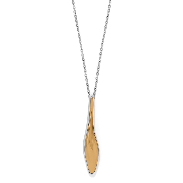 Brighton pendant necklace with elongated two-tone gold and silver teardrop drop on delicate silver chain on a white background