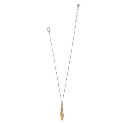 Brighton pendant necklace with elongated two-tone teardrop drop on delicate silver-tone chain on a white background