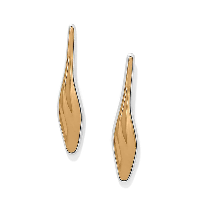 Brighton drop earrings with elongated gold-tone leaf shapes and silver-plated borders on a white background