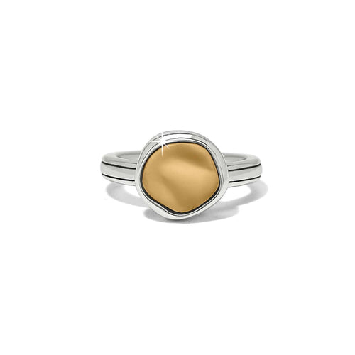 Brighton ring with two-tone finish featuring gold organic disc center and silver grooved band on a white background