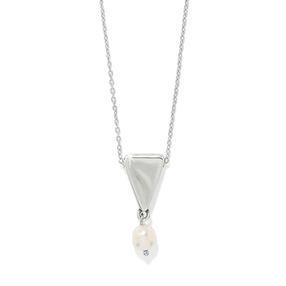 Brighton pendant necklace with silver-plated triangle and barque pearl drop on a delicate chain on a white background