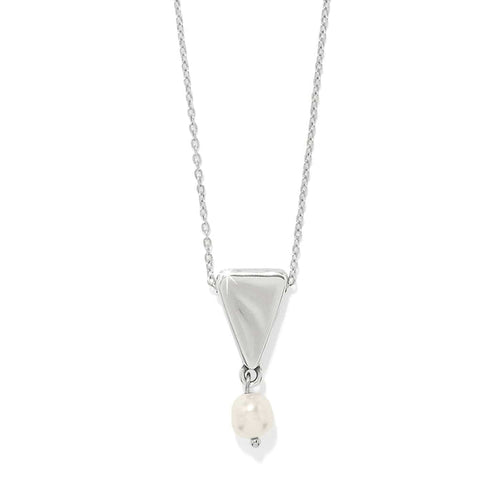 Brighton pendant necklace with silver-plated triangle and barque pearl drop on a delicate chain on a white background