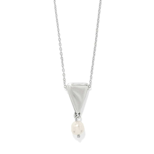 Brighton pendant necklace with silver-plated triangle and barque pearl drop on a delicate chain on a white background