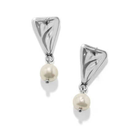 Brighton drop earrings with silver-plated triangular tops and barque pearl dangles on a white background