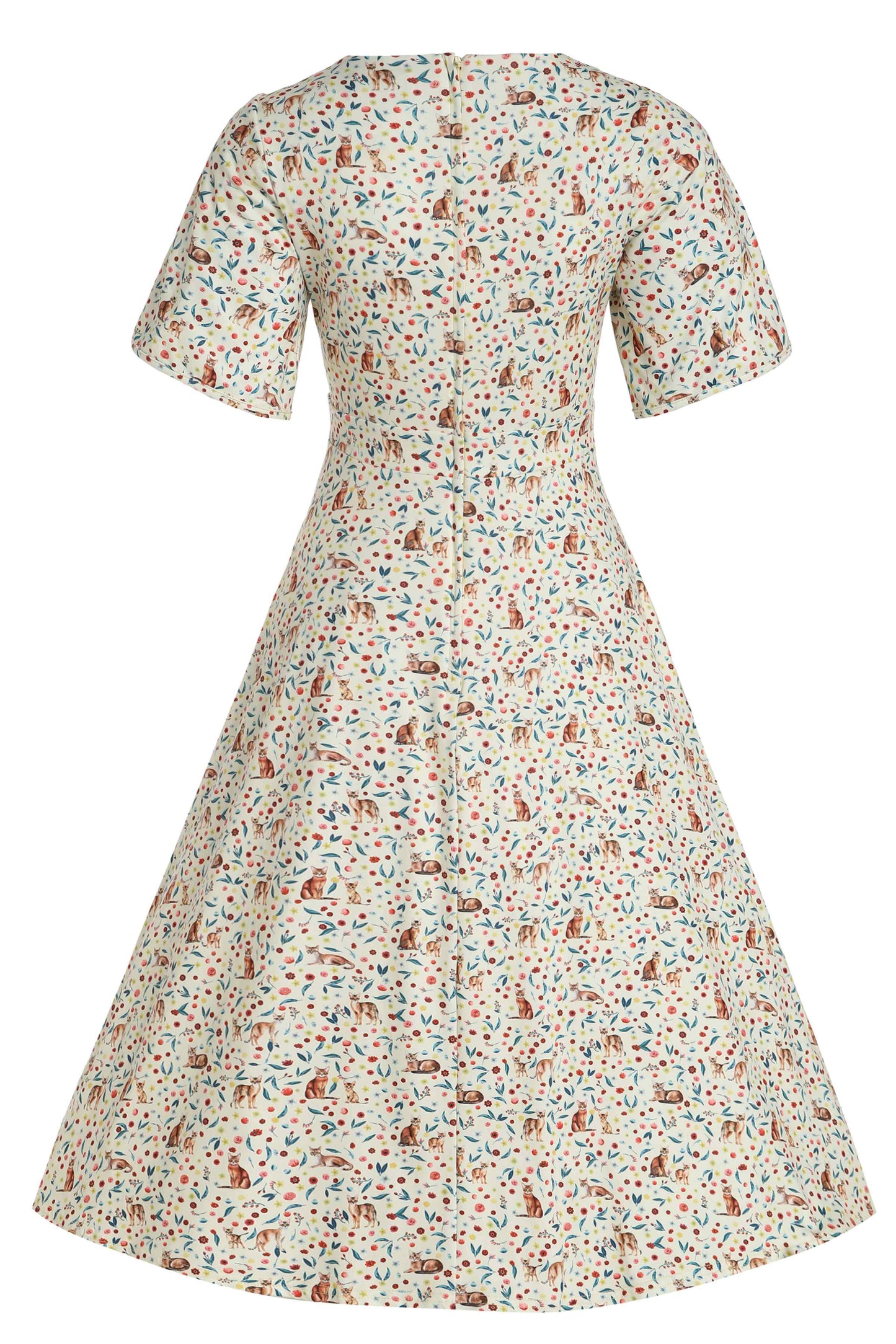 Janice Ivory Cream Sleeved Tea Dress in Cat Floral Print