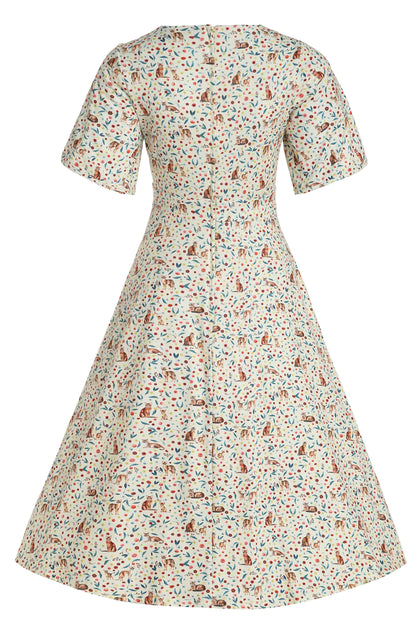 Janice Ivory Cream Sleeved Tea Dress in Cat Floral Print