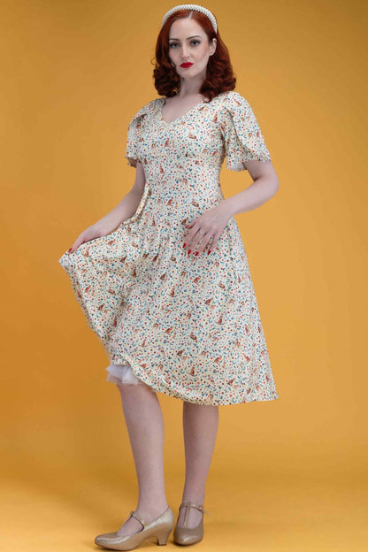 Janice Ivory Cream Sleeved Tea Dress in Cat Floral Print