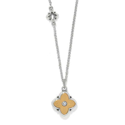 Brighton pendant necklace with two-tone clover design, crystal center, and matching silver clover chain accent on a white background