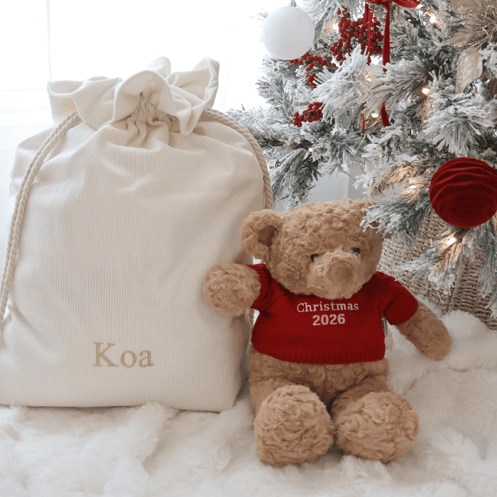 Christmas Bundle - Santa Sack & Biscuit the Bear (Cherry Red sweater)