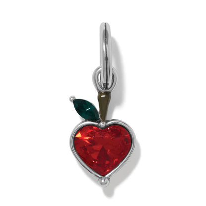 Brighton apple charm with red crystal heart, green crystal leaf, and silver-plated finish on a white background