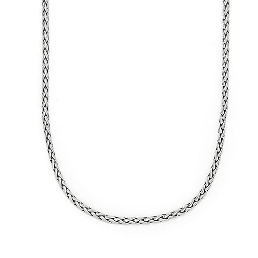 Brighton necklace with silver-plated braided wheat chain and uniform woven links displayed on a white background