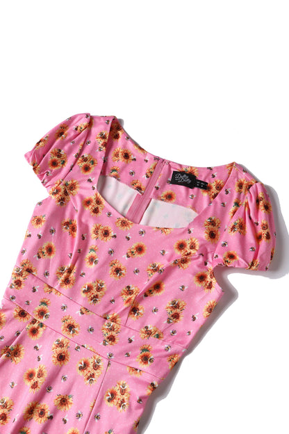 Claudia Pink Cap Sleeved Dress with Sunflowers & Bees
