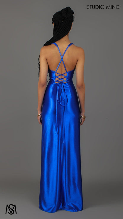 Sicily - Cobalt Blue Formal Dress, Satin V Plunge neckline Cowl fitted backless leg slit