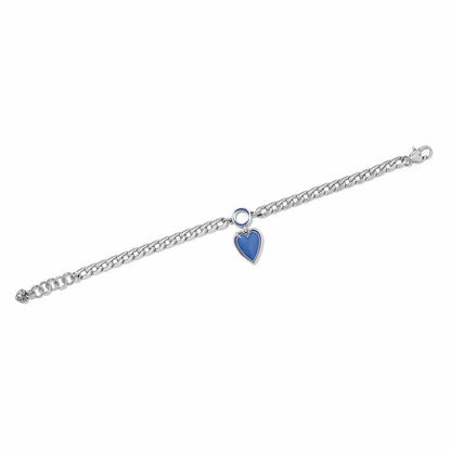 Brighton charm bracelet with silver-plated curb chain and blue enamel heart charm on a white background