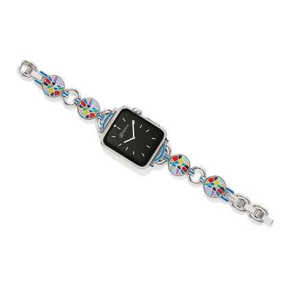 Brighton watch band with silver-plated link chain and colorful mosaic enamel disc accents on a white background