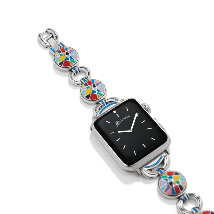 Brighton watch with black square face and silver-plated band featuring colorful mosaic enamel disc links on a white background