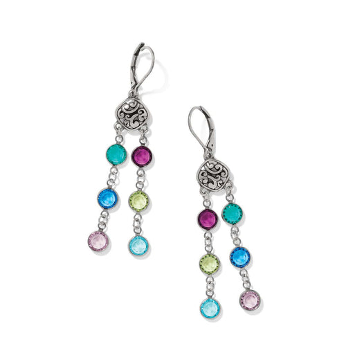 Brighton drop earrings with silver-plated scroll motifs and dangling multicolored crystal accents on a white background