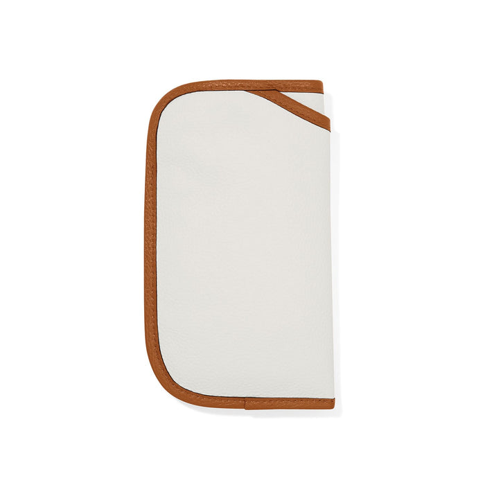 Brighton white pebbled leather glasses case with cognac brown trim and contrasting side opening on a white background