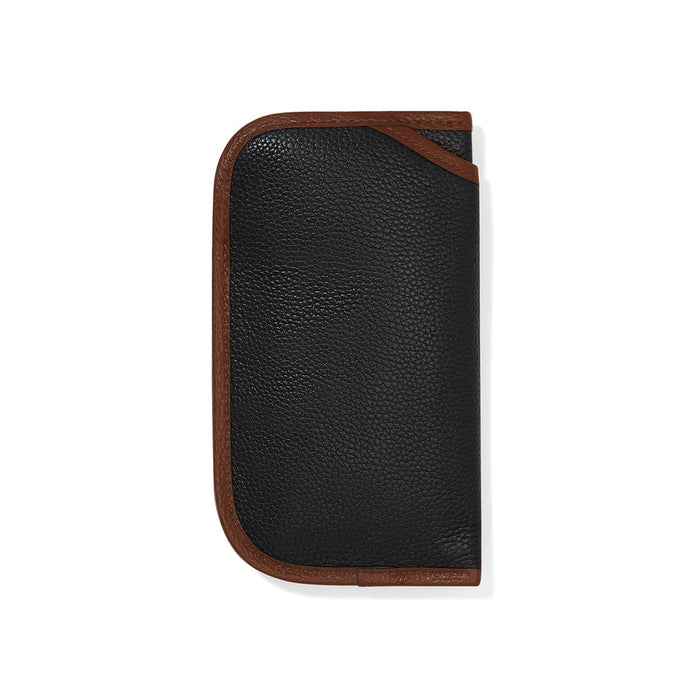 Brighton eyeglass case in black pebbled leather with contrasting brown leather trim on a white background