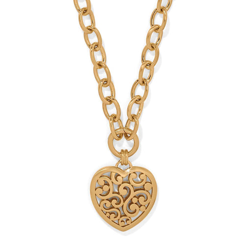 Brighton heart pendant necklace with gold-plated filigree scrollwork design on a chunky oval link chain on a white background