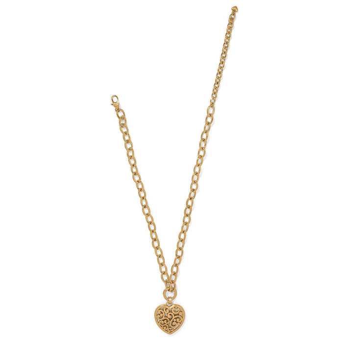 Brighton heart pendant necklace with gold-plated chain and filigree scrollwork heart charm on a white background