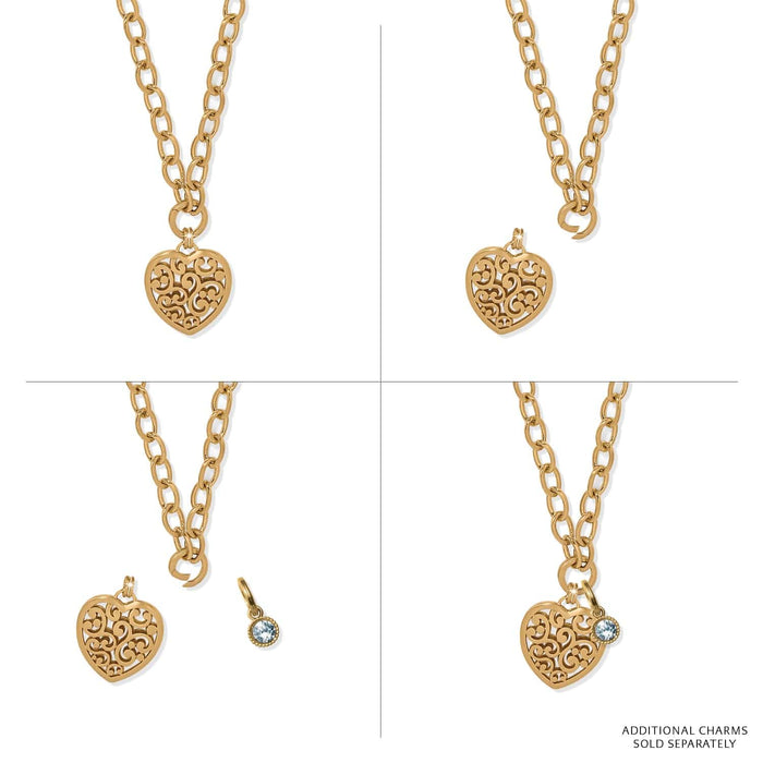 Brighton gold-plated heart pendant necklace shown in four views with optional crystal charm attachment on a white background