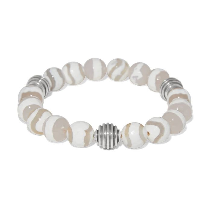 Brighton beaded bracelet with cream and tan swirled stones and silver-plated ribbed accent beads on a white background