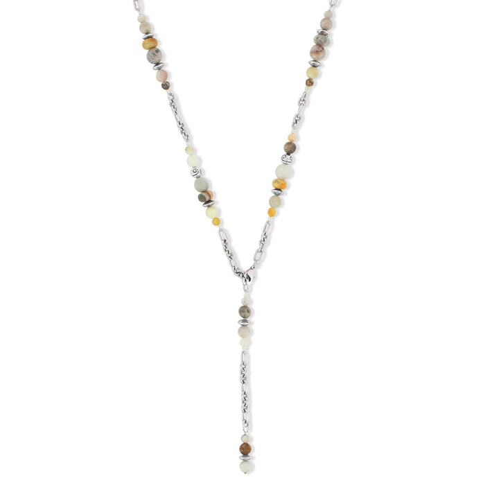 Brighton Y-drop necklace with multicolored stone beads and silver-plated chain links on a white background