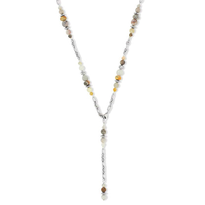Brighton Y-drop necklace with multicolored stone beads and silver-plated chain links on a white background