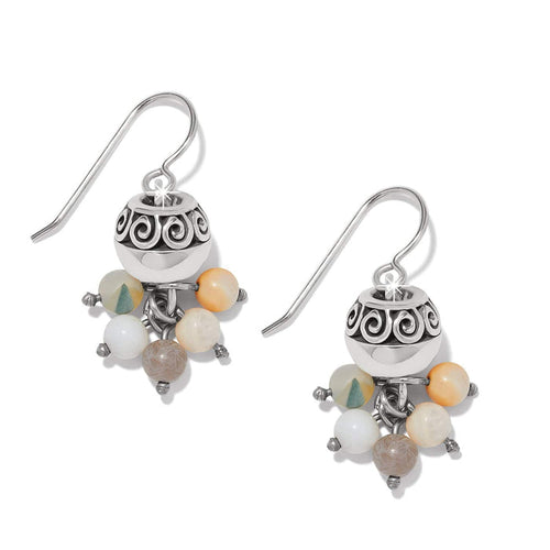 Brighton drop earrings with silver-plated scroll beads and dangling multicolored beads on a white background