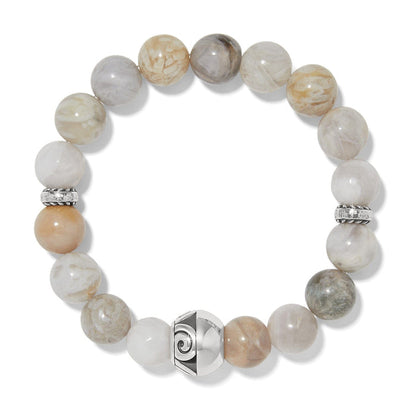 Brighton beaded stretch bracelet with cream and gray marbled stones and silver-plated accent beads on a white background