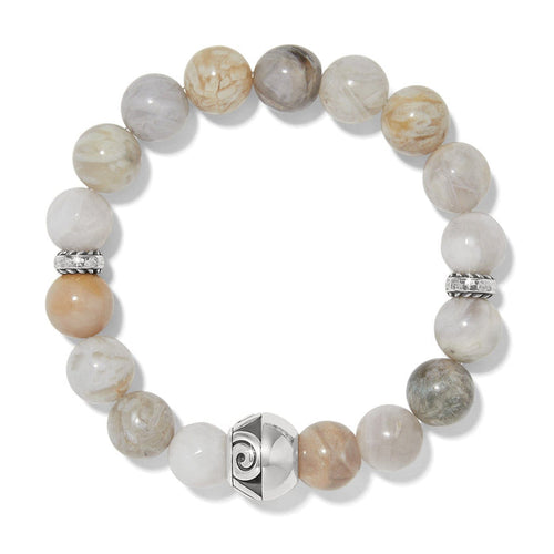 Brighton beaded stretch bracelet with cream and gray marbled stones and silver-plated accent beads on a white background