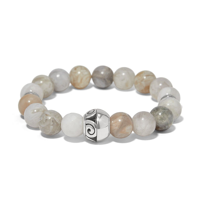 Brighton beaded stretch bracelet with cream and grey marbled stones and silver-plated scrollwork bead on a white background